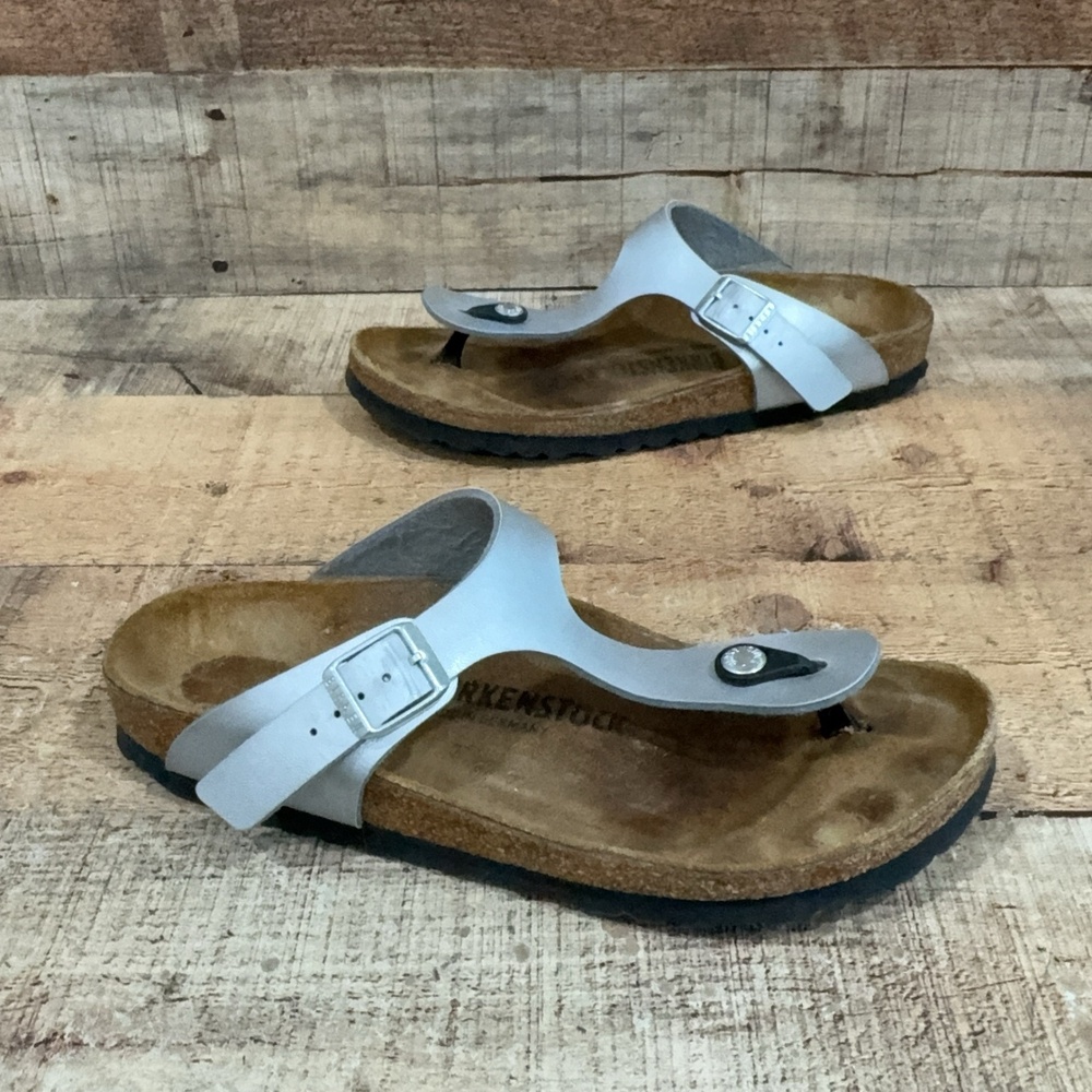 Birkenstock Gizeh Sandals Womens Size 8 N 39 Silver Thong Cork Comfort Shoes
